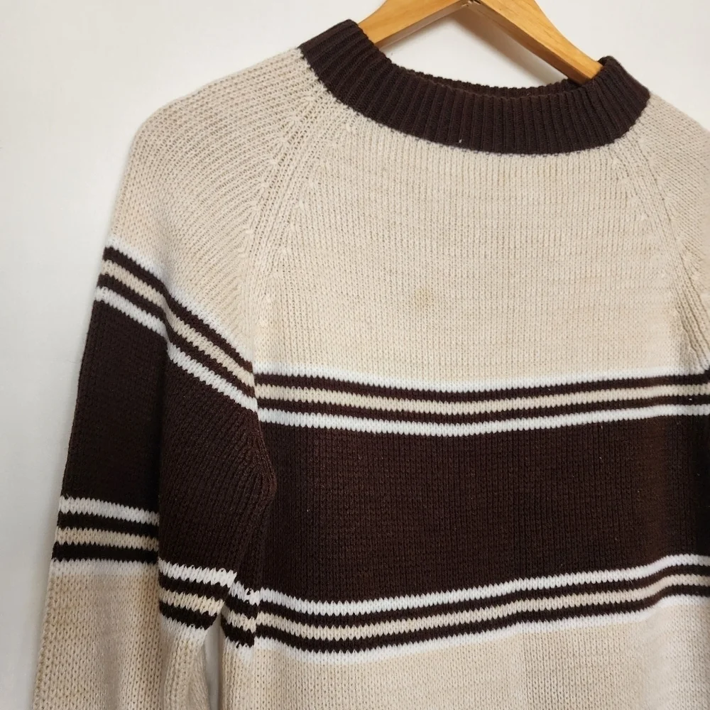Vintage Ferranti California Striped Raglan Knit Sweater Brown & Cream Acrylic